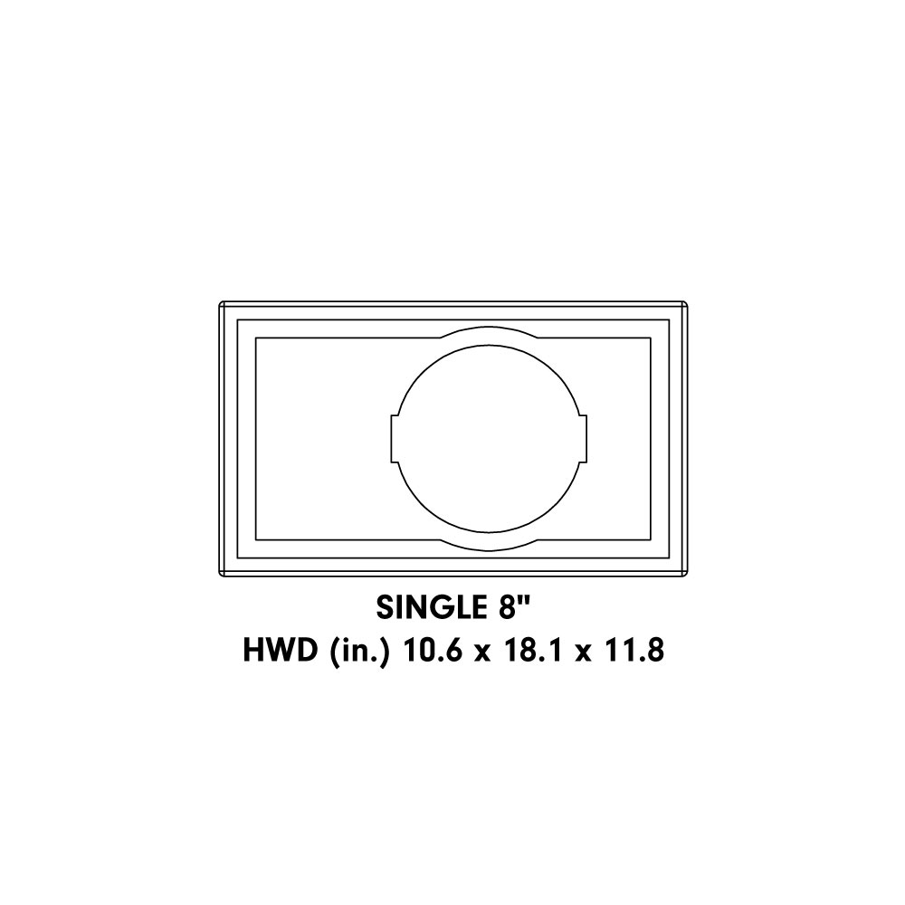 500e Series Single Loaded Enclosure - diagram for enclosure with the words "single 8" HWD (in) 10.6 x 18.1 x 11.8"